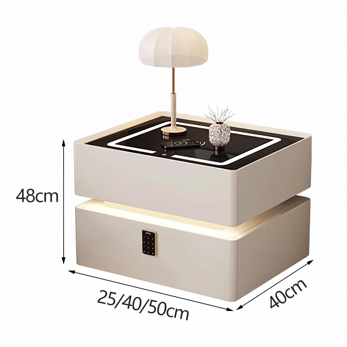 Maße und Materialien — Lumo 25 cm — Smarter kompakter Nachttisch