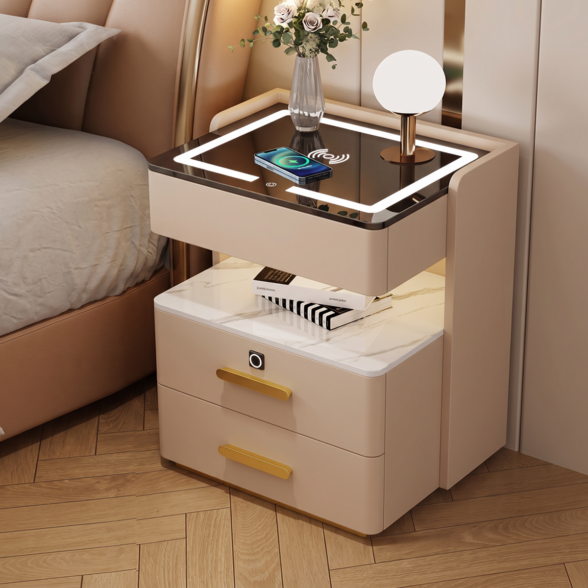 Velora — Smarter Nachttisch mit Qi, LED, Bluetooth & Fingerabdruck