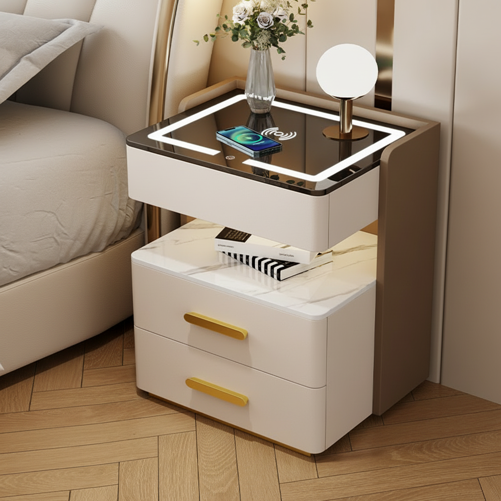 Velora — Smarter Nachttisch mit Qi, LED, Bluetooth & Fingerabdruck