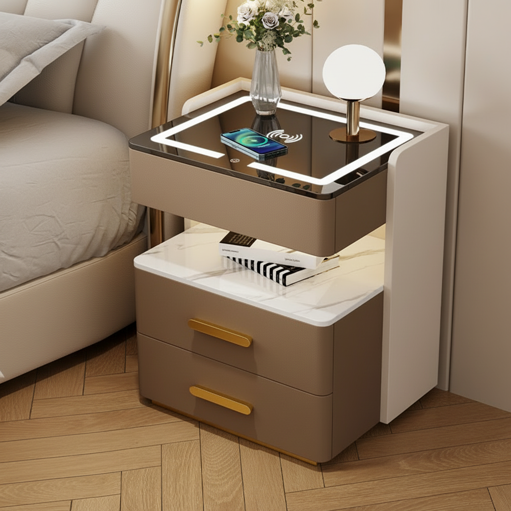 Velora — Smarter Nachttisch mit Qi, LED, Bluetooth & Fingerabdruck