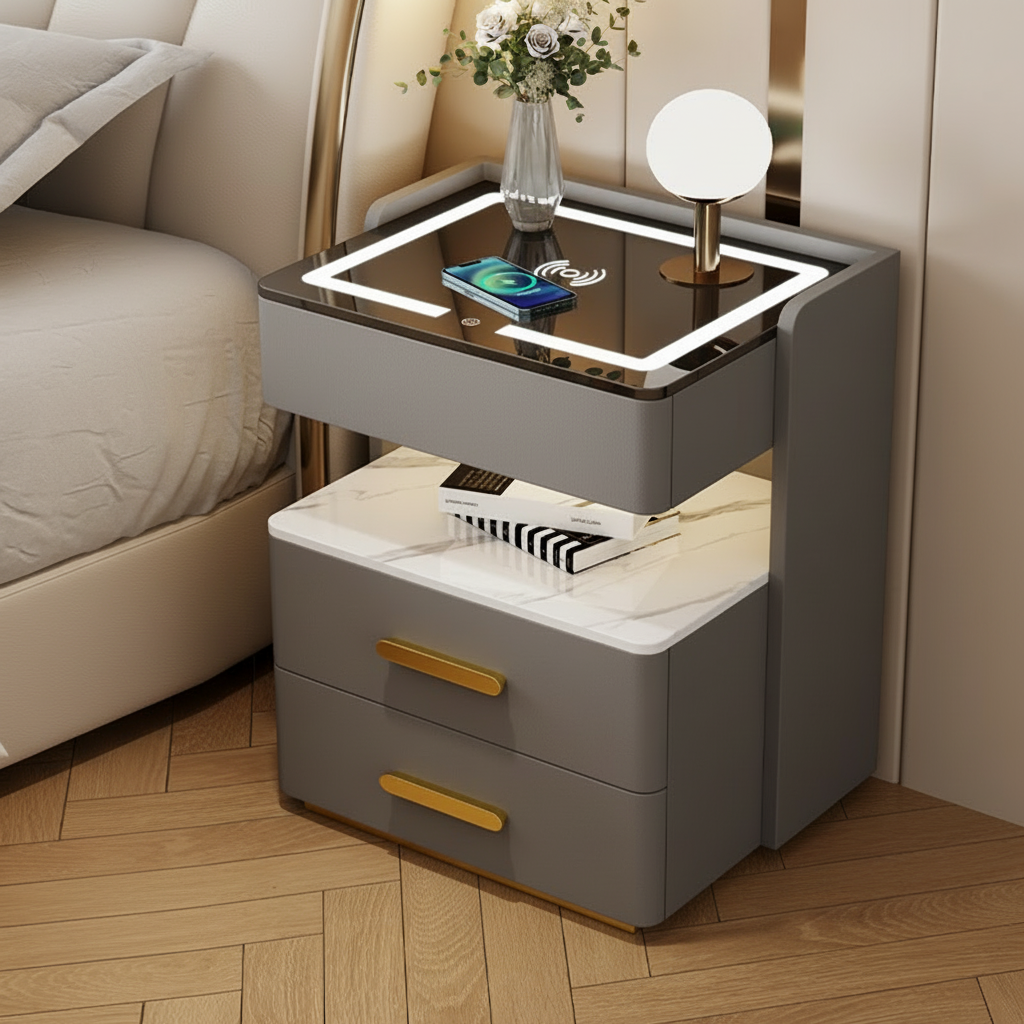 Velora — Smarter Nachttisch mit Qi, LED, Bluetooth & Fingerabdruck