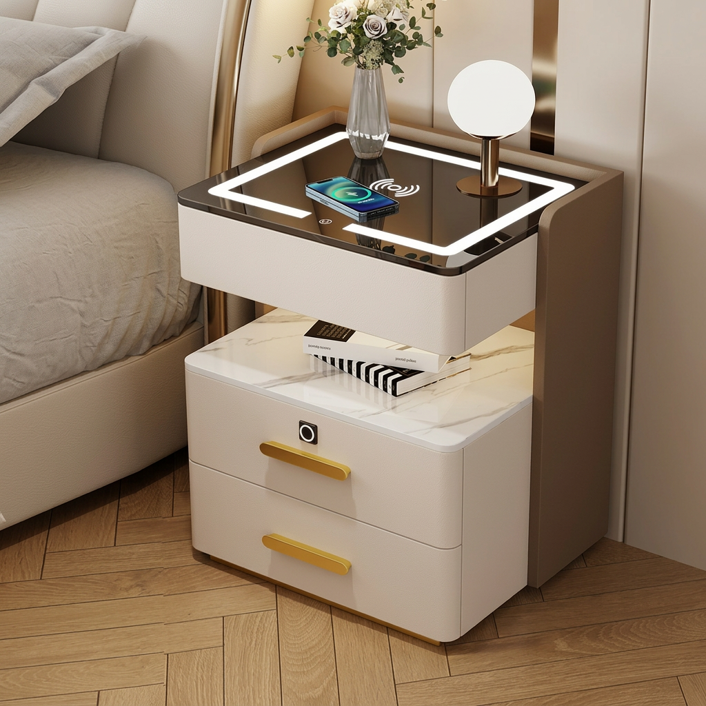 Velora — Smarter Nachttisch mit Qi, LED, Bluetooth & Fingerabdruck
