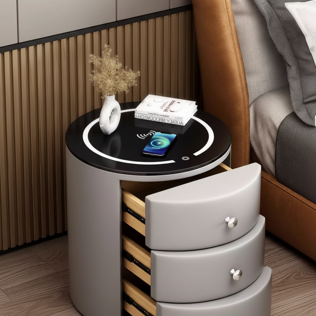 Orbis — Runder smarter Nachttisch mit Qi & LED