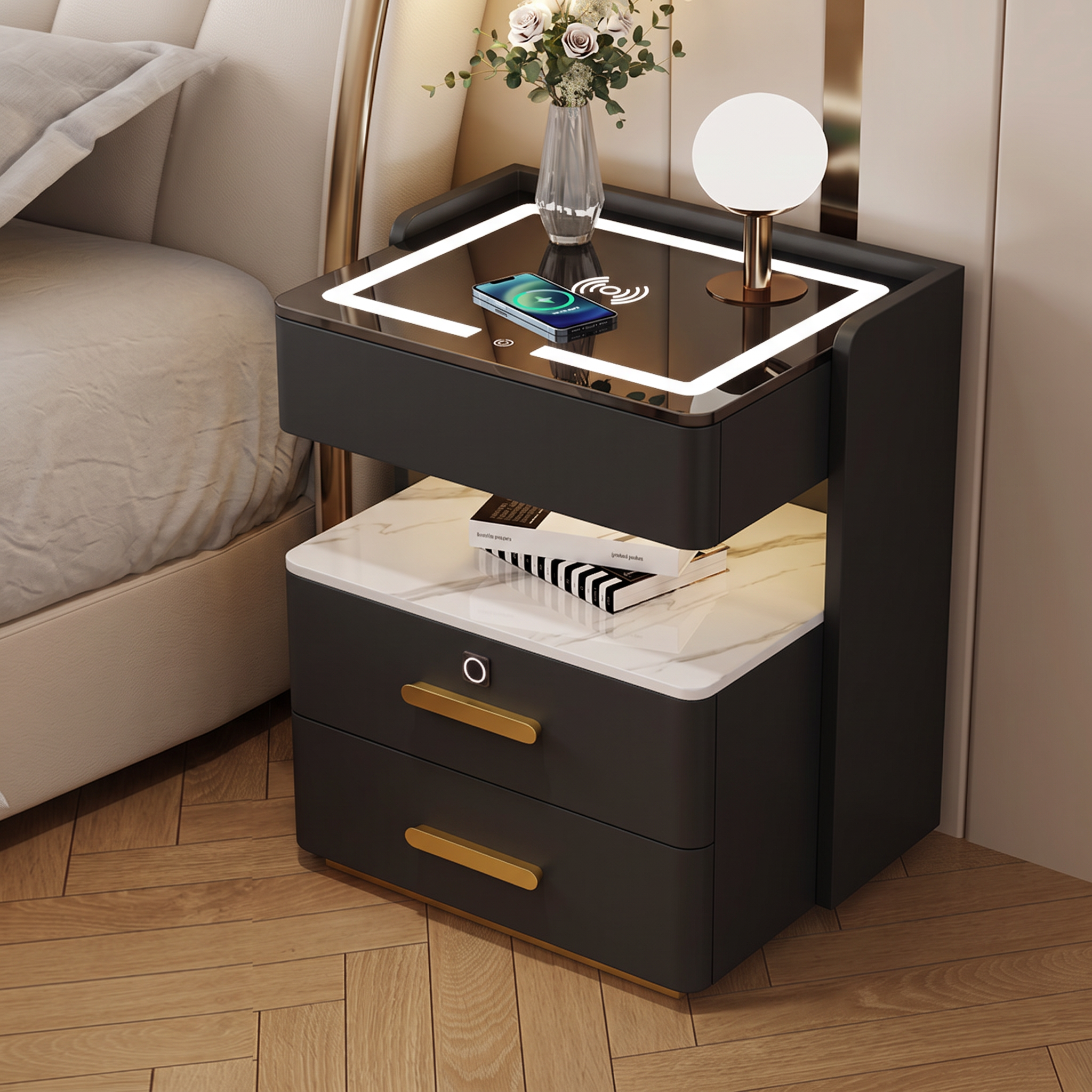 Velora — Smarter Nachttisch mit Qi, LED, Bluetooth & Fingerabdruck