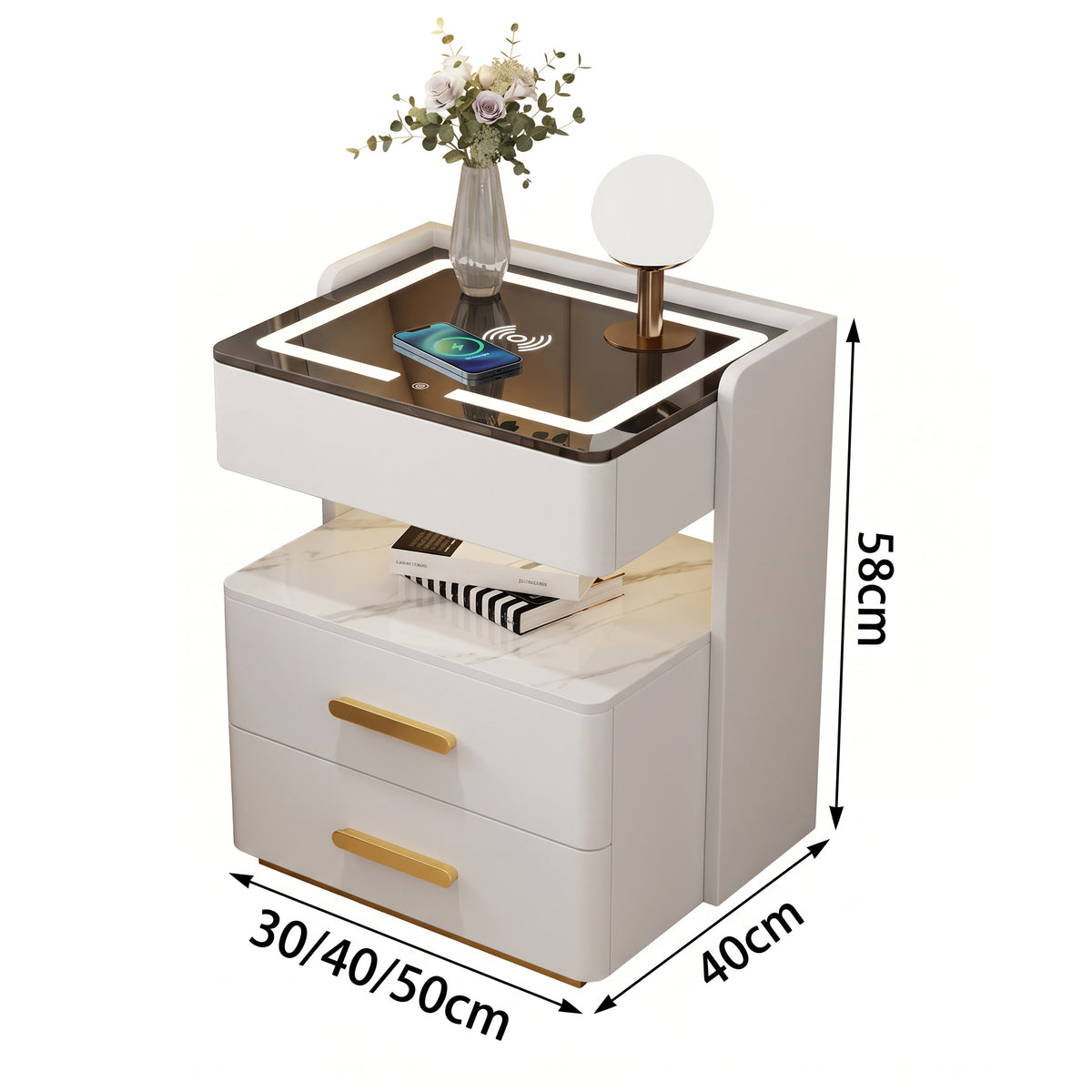 Maße und Materialien — Velora — Smarter Nachttisch mit Qi, LED, Bluetooth & Fingerabdruck